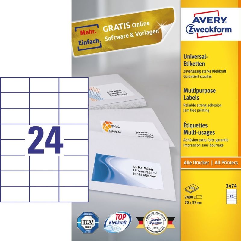 Avery 3474 Selbstklebende Etiketten Rechteckig Permanent Weiß 2400 Stück.