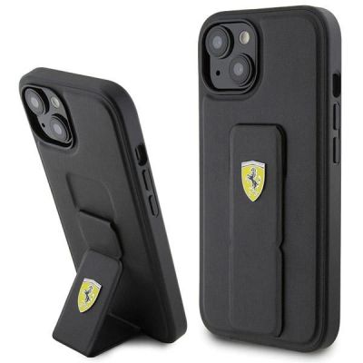 Ferrari Grip Stand Metall-Logo-Hülle für iPhone 15 – Schwarz