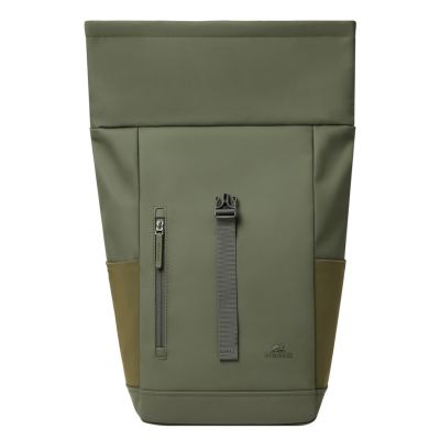 4. Rivacase Eden Rucksack Reiserucksack Olivgrünes gewachstes Leder (Pull-Up), Polyester, recyceltes Polyethylenterephthalat (rPET)