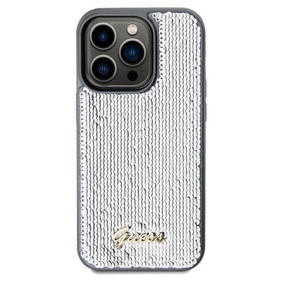 3. Guess Pailletten-Schriftzug-Metallgehäuse für iPhone 14 Pro Max – Silber