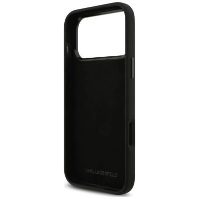 7. Karl Lagerfeld Silicone Karl&Choupette Metal Pin Hülle für iPhone 18 Pro Max / 17 Pro Max – Schwarz