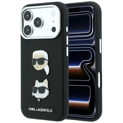 Karl Lagerfeld Saffiano-Hülle mit Karl & Choupette-Kopf-Pins und Logo für iPhone 18 Pro / 17 Pro – Schwarz