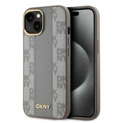 DKNY Leather Checkered Mono Pattern MagSafe-Hülle für iPhone 15 – Beige
