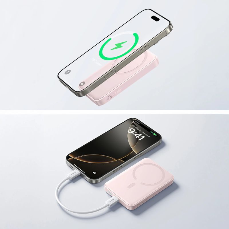 6. Powerbank Baseus EnerFill FM11 Ultra-Mini 10000 mAh 22,5 W induktiv, MagSafe-kompatibel, mit weißem Basus Simple USB-C-Kabel 20 V/3 A 0,3 m – rosa