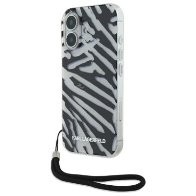 Karl Lagerfeld IML Zebra Pattern & Cord Hülle für iPhone 16 – Schwarz