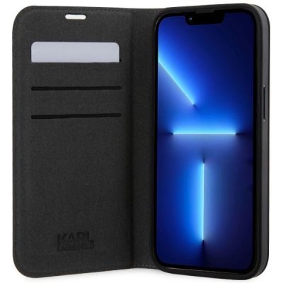 4. Karl Lagerfeld KLBKP14XSANKCPG iPhone 14 Pro Max 6,7" Bücherregal Silber/Silber Saffiano Karl & Choupette