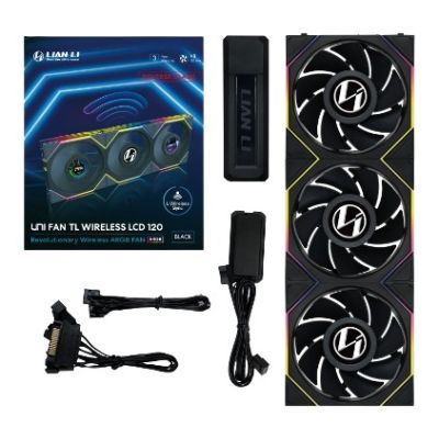 Lian Li UNI FAN TL Kabelloser LCD-Lüfter, ARGB, PWM, 3er-Pack inkl. Controller – Umgekehrtes Lüfterblatt, 120 mm, schwarz