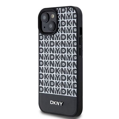 2. DKNY MagSafe Lederhülle mit bedrucktem Muster und Metalllogo für iPhone 15/14/13 – Schwarz