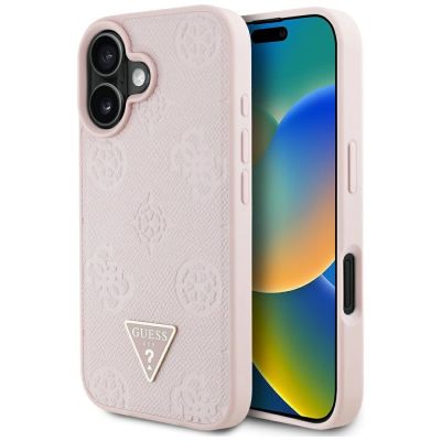 Guess Grained Hot Stamp Peony Triangle Logo MagSafe iPhone 16 Hülle - Rosa