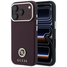 Guess MagSafe Hülle mit genarbtem, rundem Strass-Logo für iPhone 18 Pro Max / 17 Pro Max – Burgunderrot