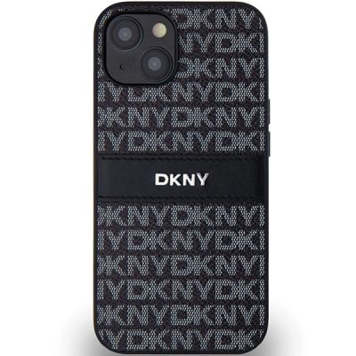 3. DKNY Leder-Monostreifen- und Metall-Logo-Hülle für iPhone 15/14/13 – Schwarz