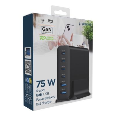 5. GEMBIRD 6-Port-Gan-Schnellladegerät (PD) 6x USB (2x USB-A + 4x USB-C), 75 W, Schwarz