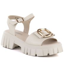 Damen-Ledersandalen mit Plateau und Verzierungen, beige, Vinceza 26-79611