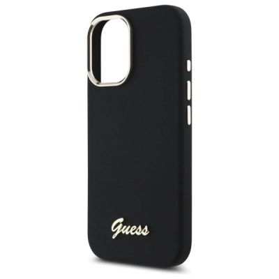 6. Guess Silikonhülle mit Metalllogo und Rahmen für iPhone 16 Plus – Schwarz