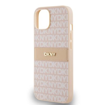 6. DKNY Lederhülle mit Monostreifen und Metalllogo für iPhone 15 / 14 / 13 – Rosa