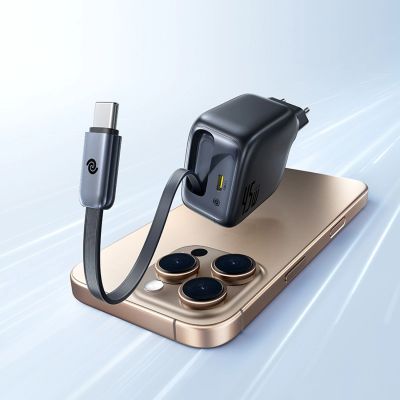 4. Baseus EnerCore CJ11 45W Wandladegerät mit USB-C-Anschluss und einziehbarem USB-C-Kabel – Schwarz