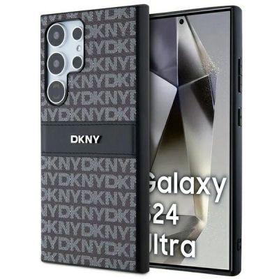 DKNY Leder Mono Stripe & Metal Logo Hülle für Samsung Galaxy S24 Ultra – Schwarz