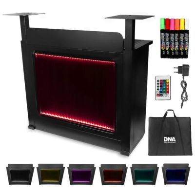 2. DJ BOOTH BK – DJ-Pulttisch, RGB-LED-beleuchtete Tafel, Fernbedienung, Stifte, Abdeckung