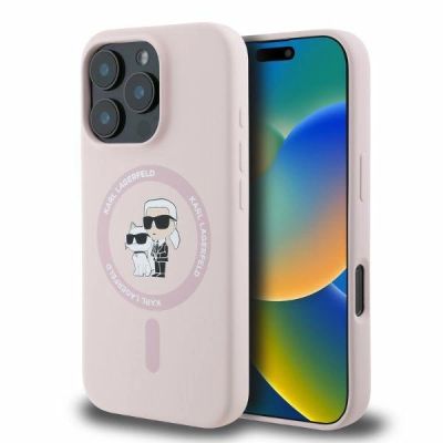 Karl Lagerfeld Silikon Karl&Choupette Heads MagSafe Hülle für iPhone 16 Pro Max – Rosa