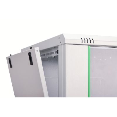 30. DYNAmic 19" 9U 600x600 Wand-Netzwerkschrank, Glastür, grau, ungeteilt, montiert, 60 kg