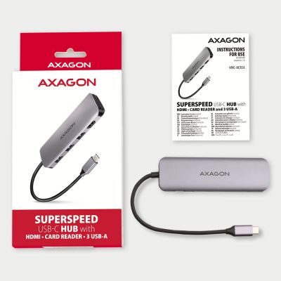 8. Axagon HMC-HCR3A 3x USB-A + HDMI + SD/microSD USB-C 3.2 Gen 1 Hub, 20 cm, kabelgebunden, USB 3.2 Gen 1 (3.1 Gen 1), Typ-C, Grau