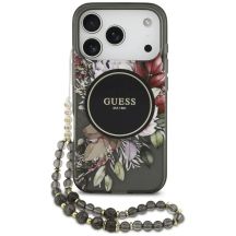 Guess IML Flowers Pearl Strap MagSafe Hülle für iPhone 18 Pro / 17 Pro – schwarz