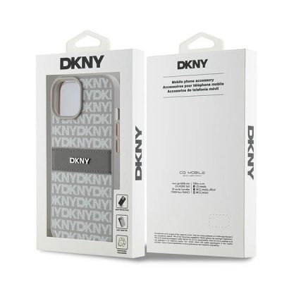 8. DKNY Lederhülle mit Monostreifen und Metalllogo für iPhone 15 Plus / 14 Plus – Beige