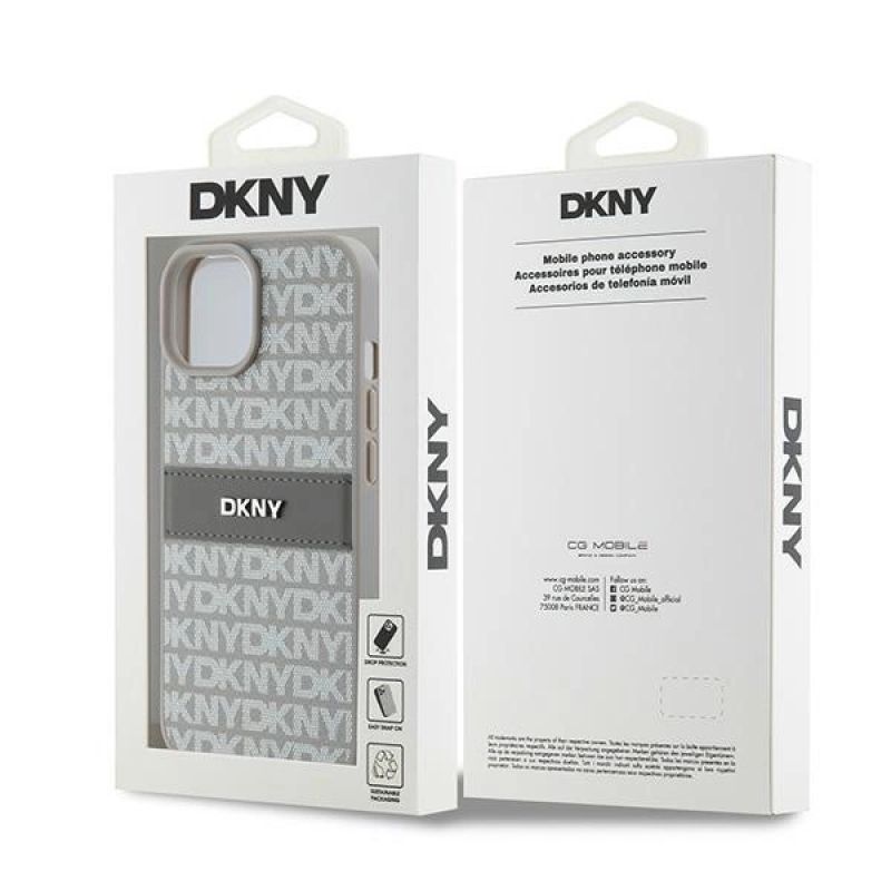 8. DKNY Lederhülle mit Monostreifen und Metalllogo für iPhone 15 Plus / 14 Plus – Beige