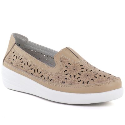 Bequeme Damen-Lederschuhe mit durchbrochenem Muster in Beige, Evento 6849