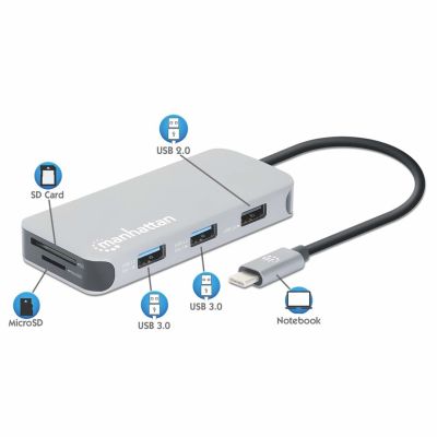 11. MANHATTAN 8-in-1 USB-C Dockingstation mit USB 3.2 Gen 1 Power Delivery, Typ-C Stecker auf HDMI Buchse, drei USB-A Anschlüssen, Gigabit RJ45 Anschluss, USB-C Power Delivery Anschluss, SD/MicroSD Kartenleser, Aluminium, Space Grau (13061)