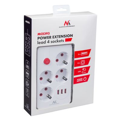 5. MACLEAN Steckdosenleiste, Verlängerungskabel mit 4 Steckdosen + 3 USB-Anschlüssen, 110–240 V Wechselstrom, 50/60 Hz, max. 2,1 A, 2500 W, 3 m, weiß, MCE393 W