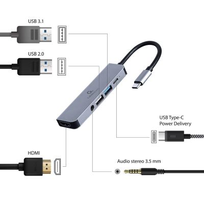 3. GEMBIRD MULTI-ADAPTER USB TYP-C 5IN1 (HUB + HDMI + PD + STEREO-SOUND) SILBER