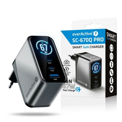 10. EVERACTIVE GAN Wandladegerät 1 x USB, 2 x USB-C Schnellladefunktion 4+ 67W Schwarz SC-670Q