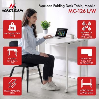 4. MACLEAN Klapptisch, weiß, mobil, 100 x 73 cm, max. 50 kg, abgewinkelt, L-förmig, MC-126 L/B