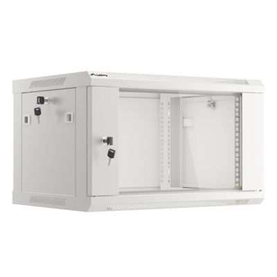 9. Lanberg WF01-6406-10S einteiliger abschließbarer Schrank (6 HE; 368 mm / 600 mm / 450 mm; Wandmontage; Glas; 19 Zoll; grau)