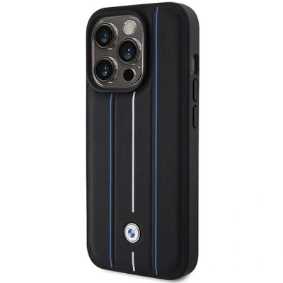 2. BMW Lederhülle mit blauem Streifenmuster für iPhone 15 Pro Max – Schwarz