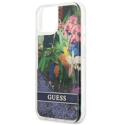 6. Guess GUHCP13SLFLSB iPhone 13 mini 5.4" blau/blaue Hardcase Flower Liquid Glitter