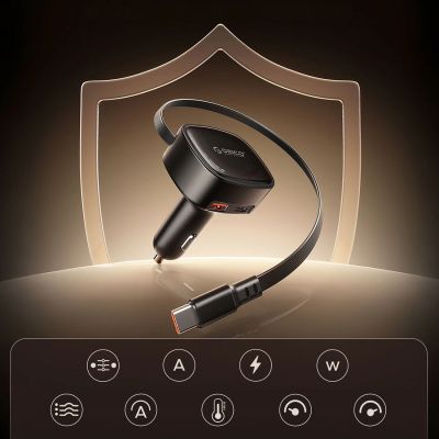 11. Orico FC-66-1A2C 66W Kfz-Ladegerät mit integriertem, einziehbarem USB-C-Kabel – Schwarz