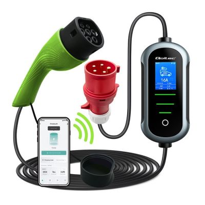 Qoltec Mobile Ladestation für Elektrofahrzeuge und Hybridfahrzeuge mit 2-in-1-Ladestromregelung Typ 2 | 22 kW | 400 V | CEE 32 A | WLAN | TUYA | SMART LIFE | LCD | Tragbar | Wallbox | 7 m