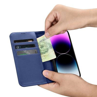 14. iCarer Wallet Case 2in1 Cover iPhone 14 Pro Leder Flip Case Anti-RFID blau (WMI14220726-BU)