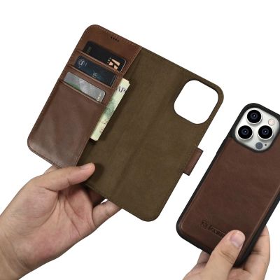11. iCarer Oil Wax Wallet Case 2in1 Cover iPhone 14 Pro Anti-RFID Leder Flip Case Braun (WMI14220722-BN)
