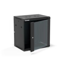 19" 12U 600x450 Wandschrank (optional zweiteilig), einflügelige Glastür, abnehmbare Rückwand, abnehmbare Seitenwände, abschließbar, 4 Träger, schwarz, ALANTEC