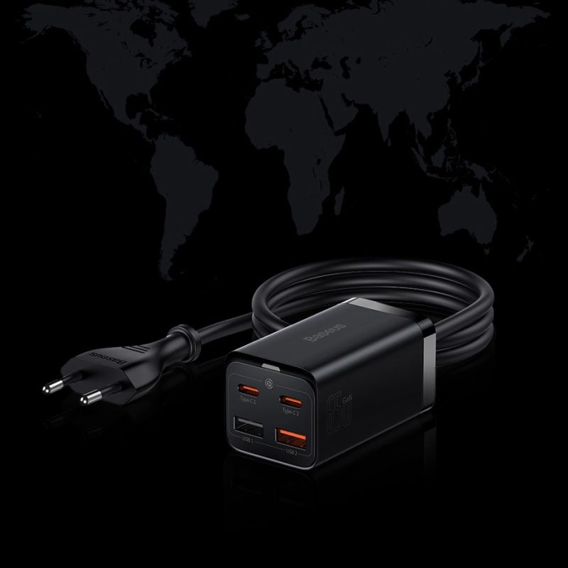 20. Baseus GaN3 Pro Schnellladegerät GaN 2 x USB Typ C / 2 x USB 65W PD, QC4.0+, AFC, PPS + Kabel USB Typ C - USB Typ C 1m schwarz (CCGP040101)