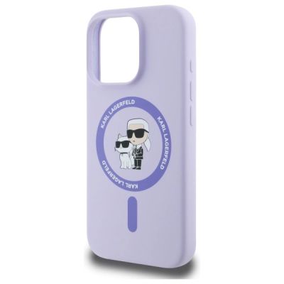 6. Karl Lagerfeld Silikonhülle mit Karl&Choupette-Kopf-Ring und MagSafe-Motiv für iPhone 16 Pro – Lila