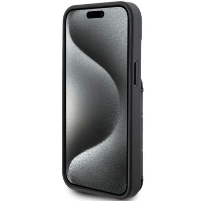 5. Karl Lagerfeld Saffiano Cardslots and Stand Monogram Ikonik Patch Hülle für iPhone 15 – Schwarz