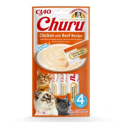 5. INABA Churu Hühnchen mit Rindfleisch – Katzenleckerli – 4 x 14 g