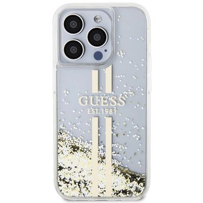 3. Guess Liquid Glitter Gold Stripes Hülle für iPhone 15 Pro Max – transparent