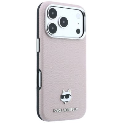 4. Karl Lagerfeld MagSafe-Schutzhülle mit Choupette-Kopf-Motiv aus genarbtem Metall für iPhone 17 Pro / 18 Pro – Pink