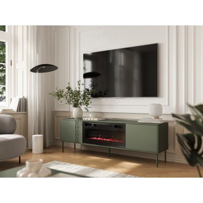 4. EF TV-Schrank + schwarzer TRESSE Kamin 180x40x54,5 mattgrün