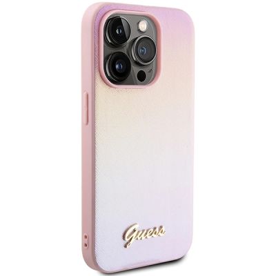 4. Guess Saffiano Iridescent Script Hülle für iPhone 14 Pro Max – Rosa